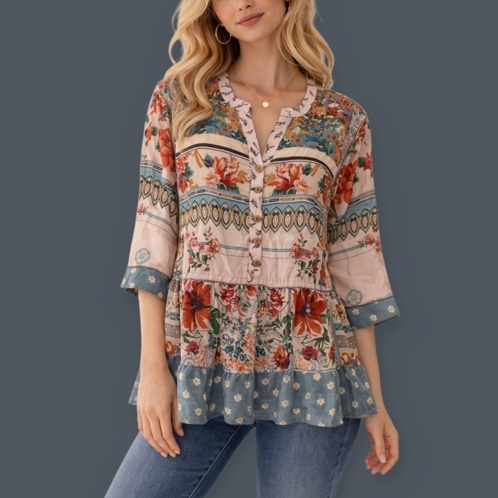 JOHN MARK Floral Patchwork Peplum Oversized Swing Top